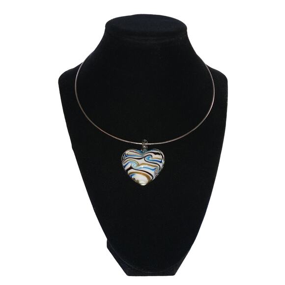 Silver Omega Style Necklace Choker Handblown Art Glass Pendant Heart Shaped - Picture 5 of 6